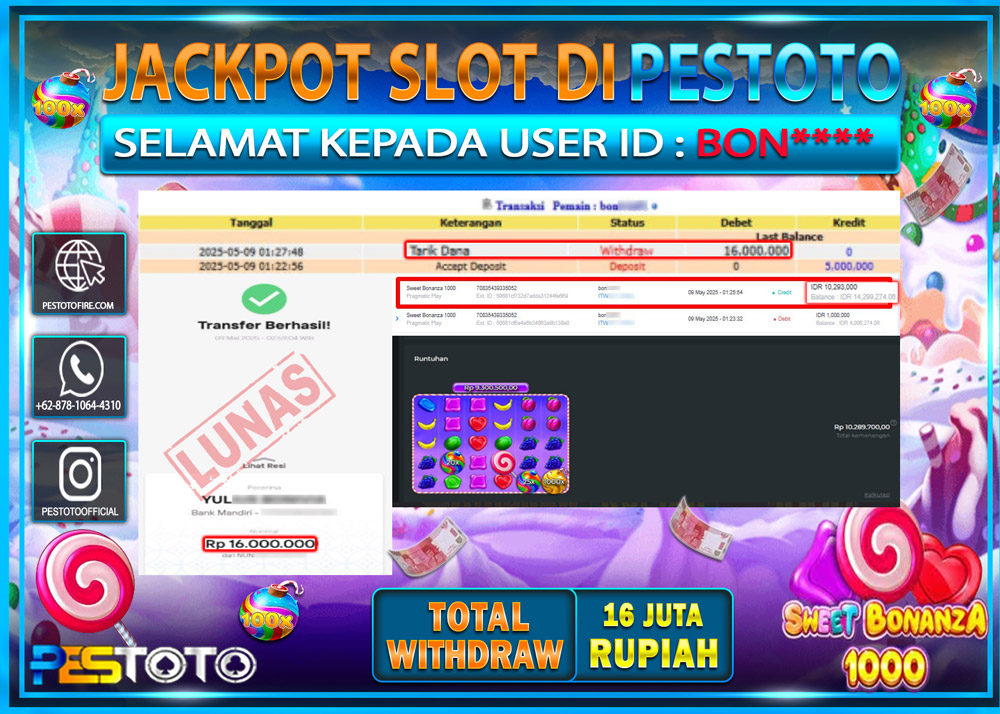 HANYA DI PESTOTO JP PASTI DI BAYAR LUNAS DAN CEPAT!!!!!! JP SLOT { SWEET BONANZA 1000 } Rp. 16.000.000 !!!!