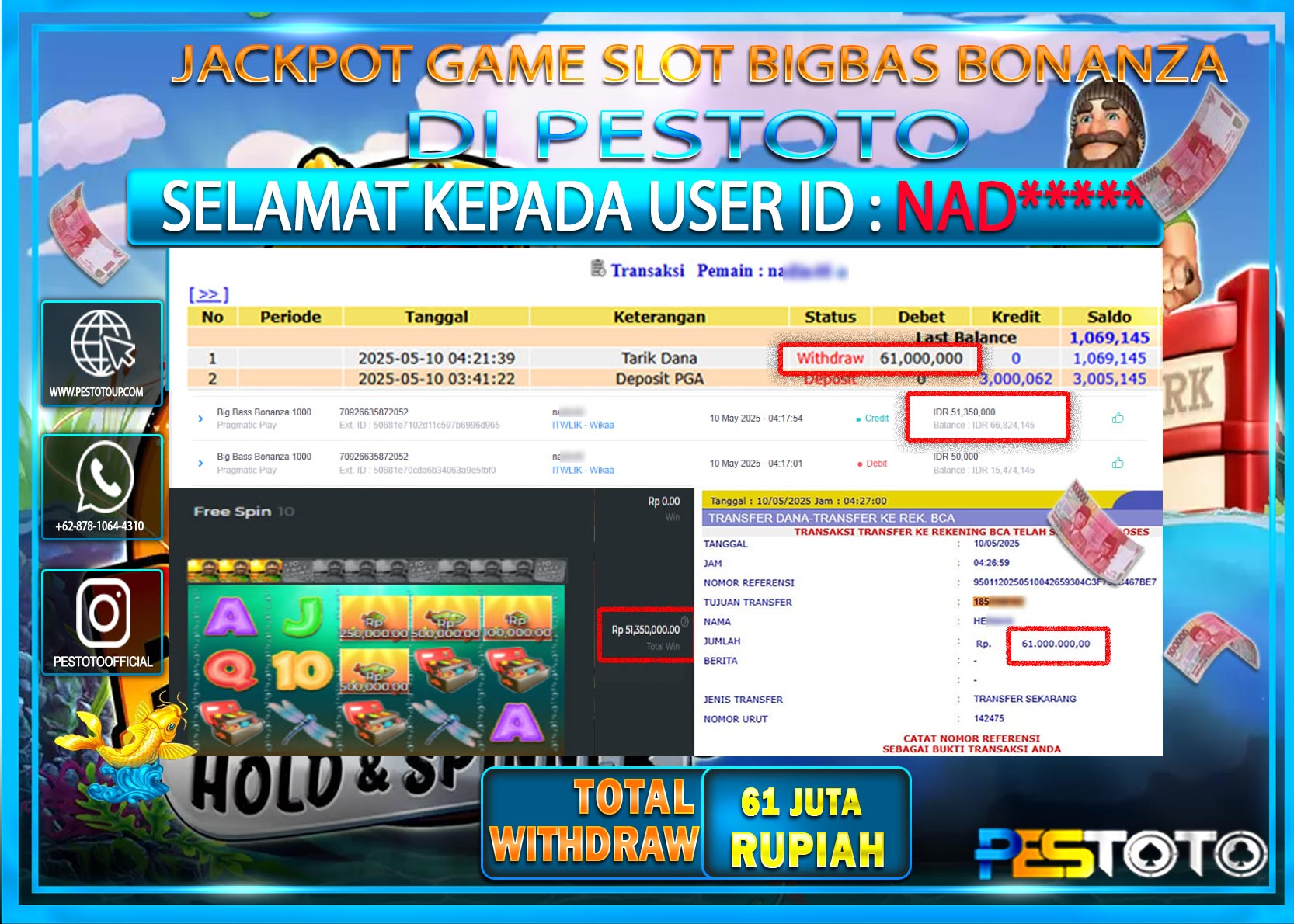 PESTOTO JACKPOT SLOT { BIGBASS BONANZA } Rp. 61.000.000.,- LUNAS