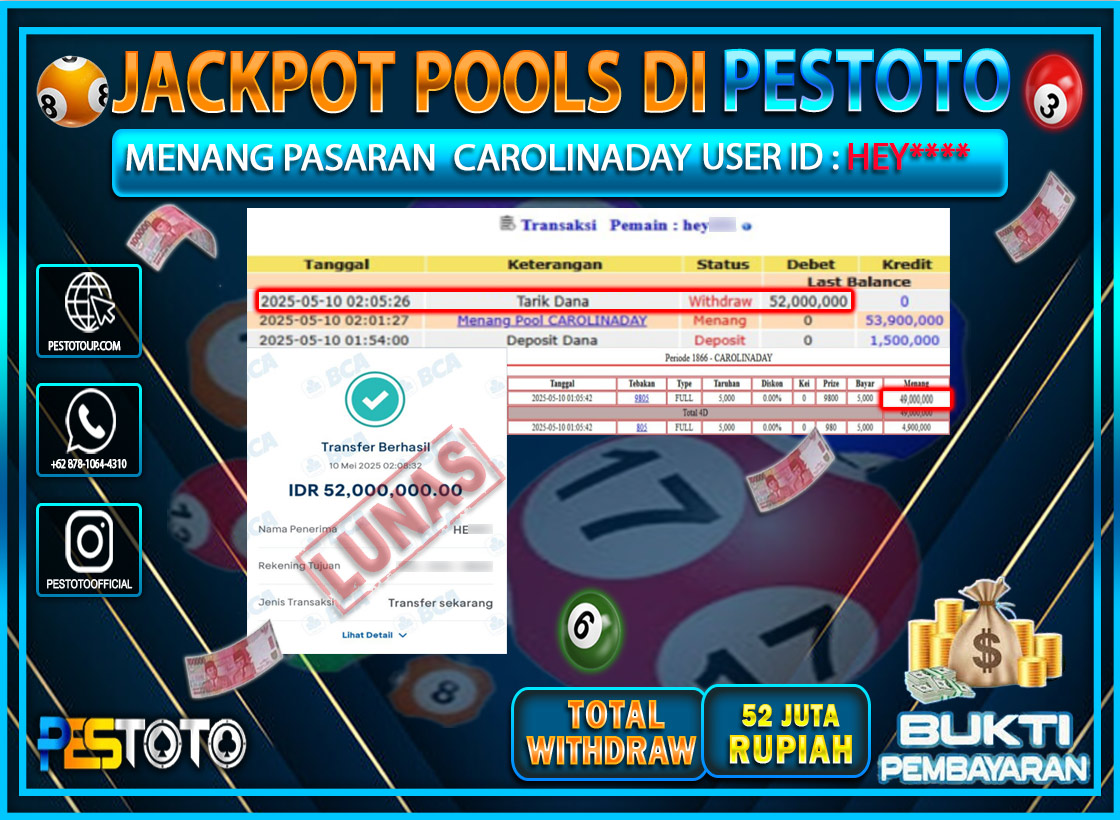 HANYA DI PESTOTO JP PASTI DI BAYAR LUNAS DAN CEPAT!!!!!! JP TOGEL { CAROLINADAY} Rp. 52.000.000!!!!!