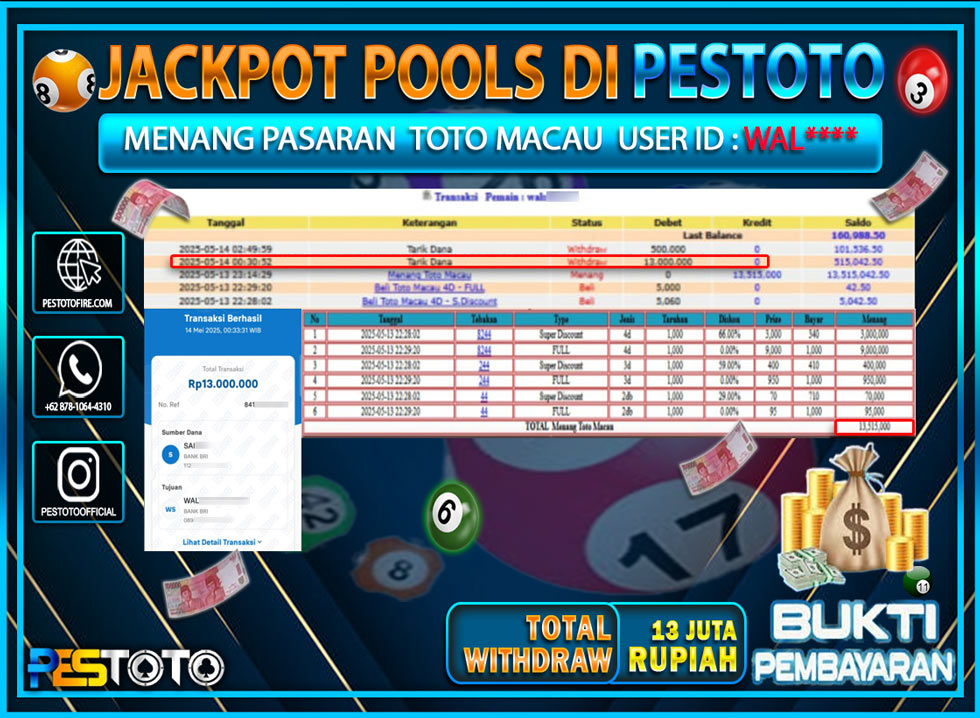HANYA DI PESTOTO JP PASTI DI BAYAR LUNAS DAN CEPAT!!!!!! JP TOGEL { TOTO MACAU } Rp. 13.000.000!!!!!