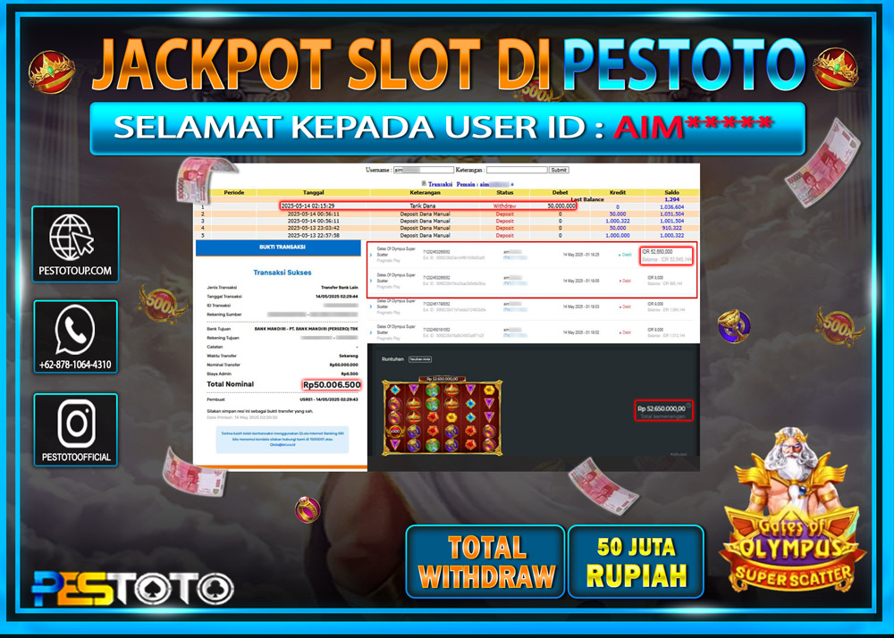 HANYA DI PESTOTO JP PASTI DI BAYAR LUNAS DAN CEPAT!!!!!! JP SLOT { GATES OF OLYMPUS SUPER SCATTER } Rp. 50.000.000 !!!!