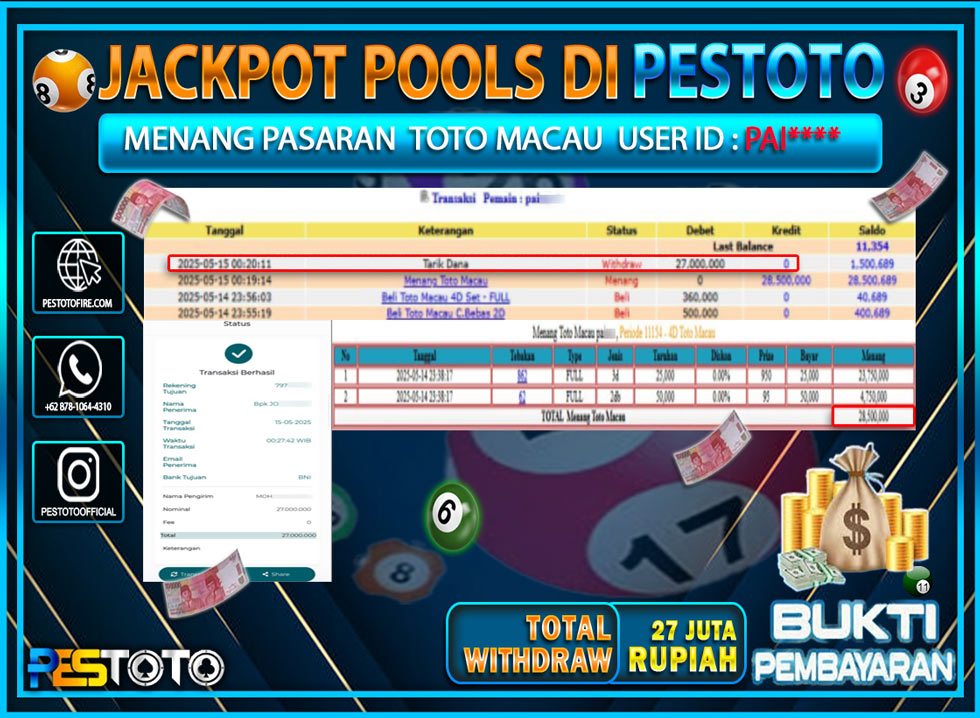 HANYA DI PESTOTO JP PASTI DI BAYAR LUNAS DAN CEPAT!!!!!! JP TOGEL { TOTO MACAU } Rp. 27.000.000!!!!!