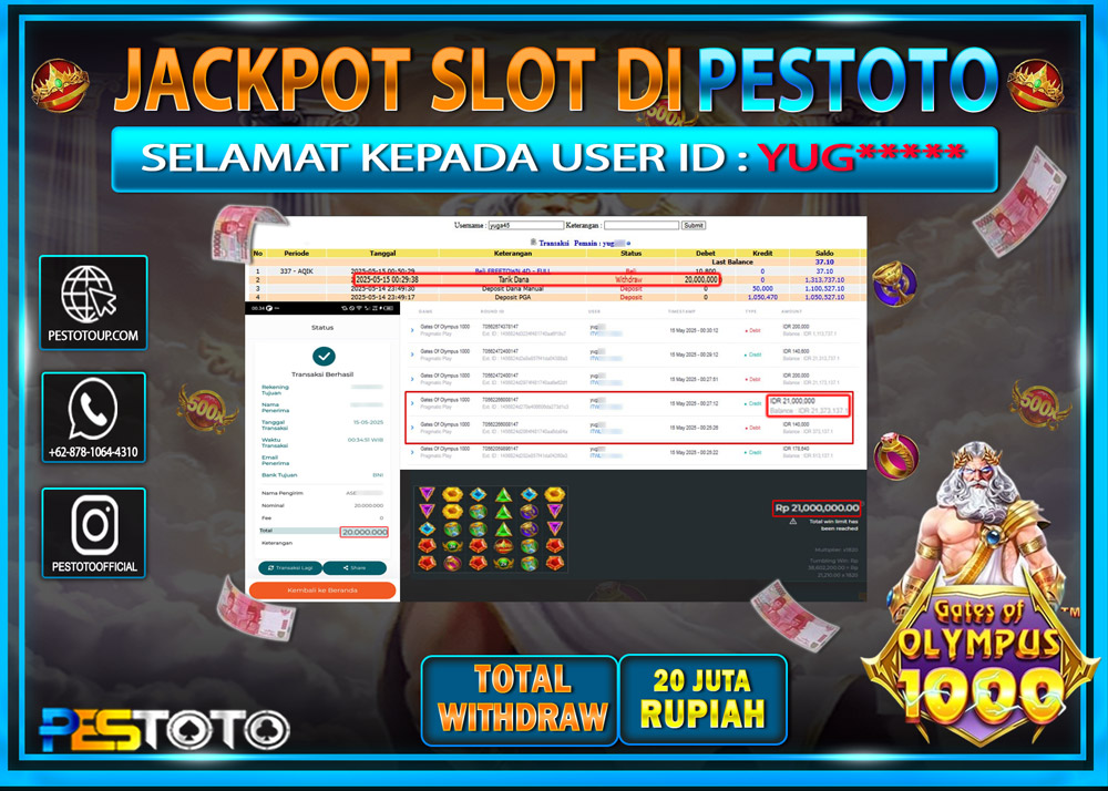 HANYA DI PESTOTO JP PASTI DI BAYAR LUNAS DAN CEPAT!!!!!! JP SLOT { GATES OF OLYMPUS 1000 } Rp. 20.000.000 !!!!