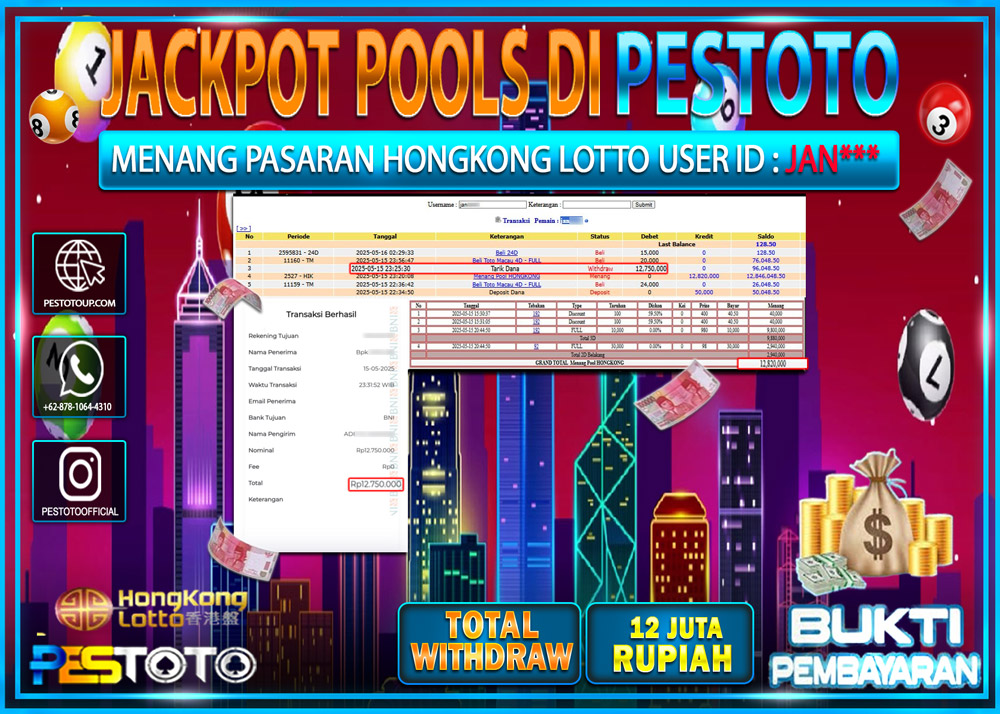 HANYA DI PESTOTO JP PASTI DI BAYAR LUNAS DAN CEPAT!!!!!! JP TOGEL { HONGKONG LOTTO  } Rp. 12.750.000!!!!!
