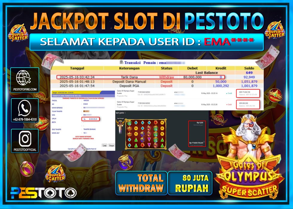 HANYA DI PESTOTO JP PASTI DI BAYAR LUNAS DAN CEPAT!!!!!! JP SLOT GAMES { GATES OF OLYMPUS SUPER SCATTER } Rp. 80.000.000!!!!!
