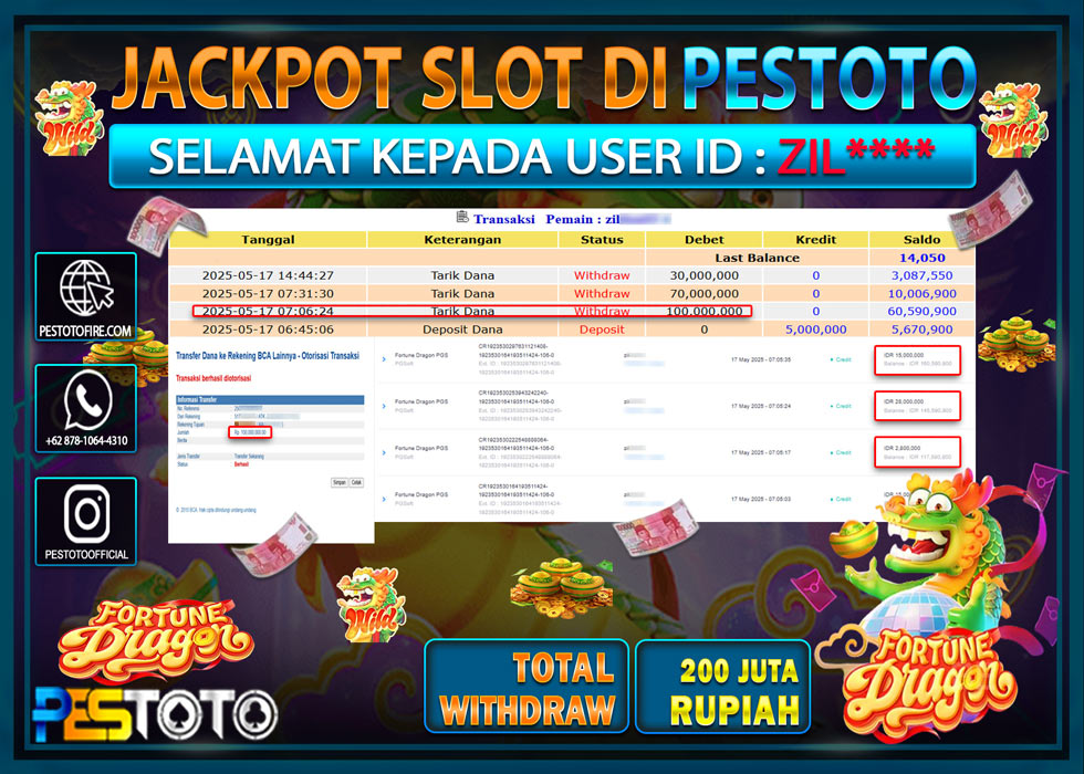 HANYA DI PESTOTO JP PASTI DI BAYAR LUNAS DAN CEPAT!!!!!! JP SLOT { FORTUNE DRAGON } Rp. 200.000.000 !!!!
