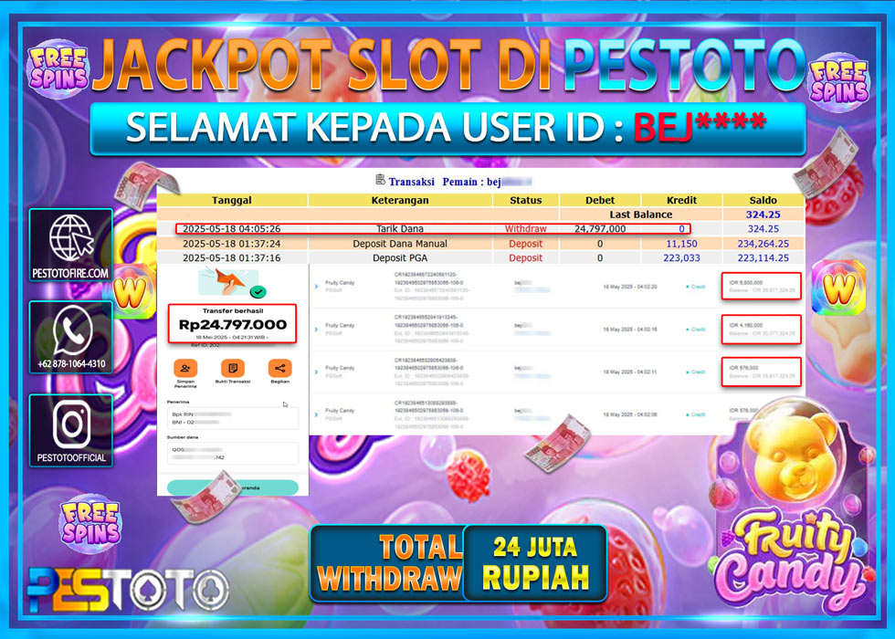 HANYA DI PESTOTO JP PASTI DI BAYAR LUNAS DAN CEPAT!!!!!! JP SLOT { FRUIT CANDY } Rp. 24.797.000 !!!!