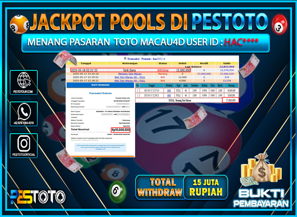 HANYA DI PESTOTO JP PASTI DI BAYAR LUNAS DAN CEPAT!!!!!! JP TOGEL { TOTO MACAU 4D } Rp. 15.000.000!!!!!