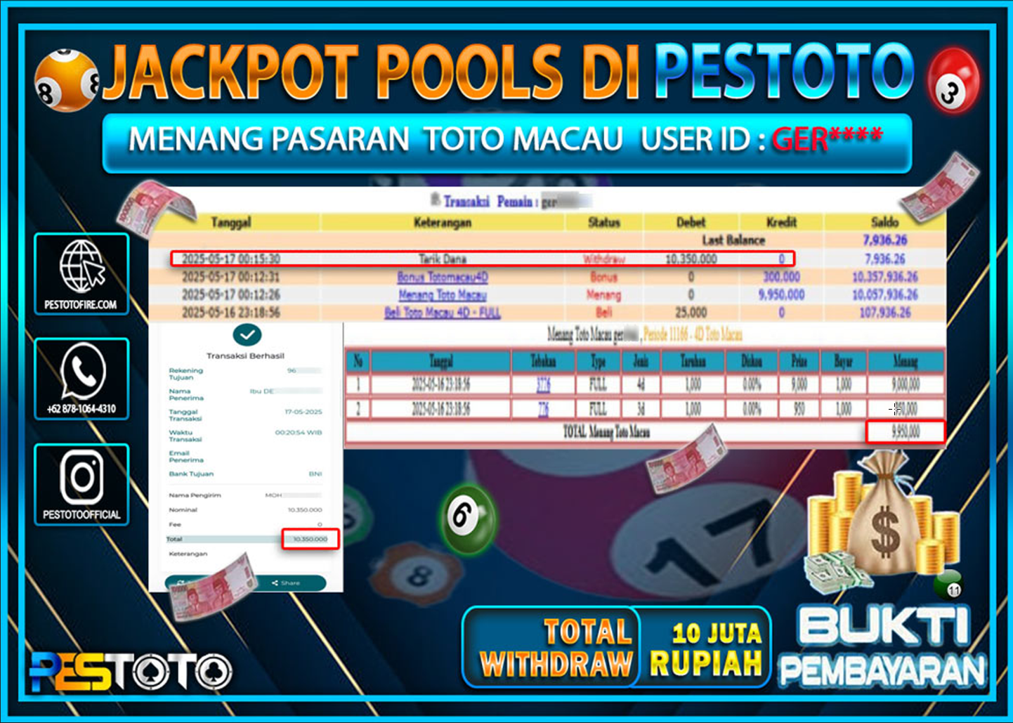 HANYA DI PESTOTO JP PASTI DI BAYAR LUNAS DAN CEPAT!!!!!! JP TOGEL { TOTO MACAU } Rp. 10.350.000!!!!!