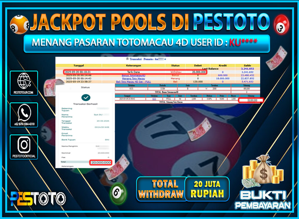 HANYA DI PESTOTO JP PASTI DI BAYAR LUNAS DAN CEPAT!!!!!! JP TOGEL { TOTO MACAU 4D } Rp. 20.000.000!!!!!