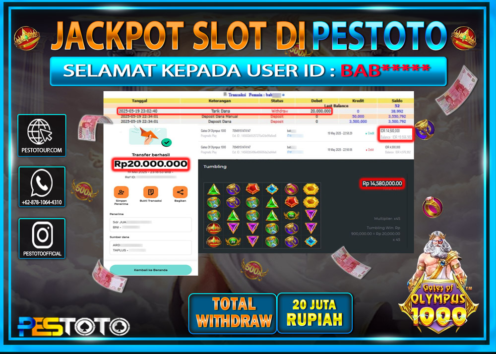 HANYA DI PESTOTO JP PASTI DI BAYAR LUNAS DAN CEPAT!!!!!! JP SLOT GAMES { GATES OF OLYMPUS 1000 } Rp. 20.000.000!!!!!
