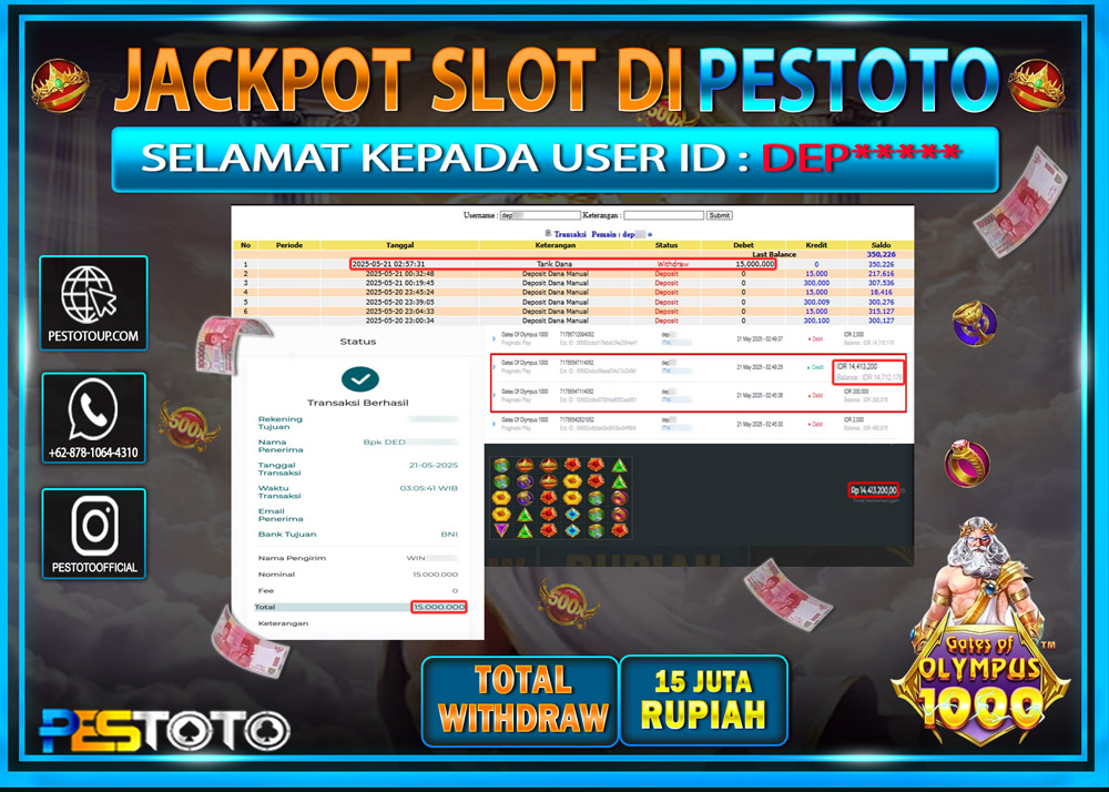 HANYA DI PESTOTO JP PASTI DI BAYAR LUNAS DAN CEPAT!!!!!! JP SLOT GAMES { GATES OF OLYMPUS 1000 } Rp. 15.000.000!!!!!