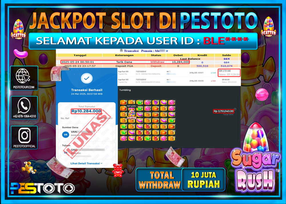 HANYA DI PESTOTO JP PASTI DI BAYAR LUNAS DAN CEPAT!!!!!! JP SLOT GAMES { SUGAR RUSH } Rp. 10.000.000!!!!!
