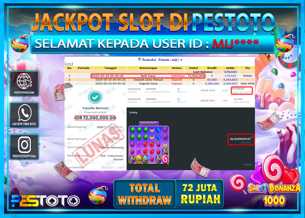 HANYA DI PESTOTO JP PASTI DI BAYAR LUNAS DAN CEPAT!!!!!! JP SLOT GAMES { SWEET BONANZA 1000 } Rp. 72.000.000!!!!!