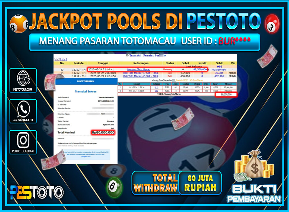 HANYA DI PESTOTO JP PASTI DI BAYAR LUNAS DAN CEPAT!!!!!! JP TOGEL { TOTOMACAU } Rp. 60.000.000!!!!!