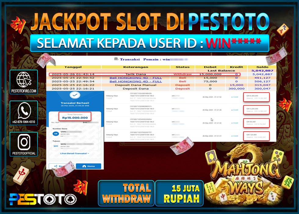 HANYA DI PESTOTO JP PASTI DI BAYAR LUNAS DAN CEPAT!!!!!! JP SLOT GAMES { MAHJONG WAYS } Rp. 15.000.000!!!!!