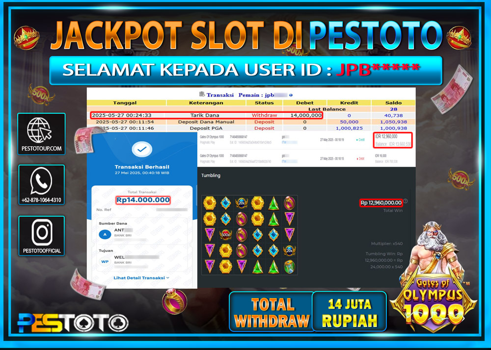 HANYA DI PESTOTO JP PASTI DI BAYAR LUNAS DAN CEPAT!!!!!! JP SLOT GAMES { GATES OF OLYMPUS 1000 } Rp. 14.000.000 !!!