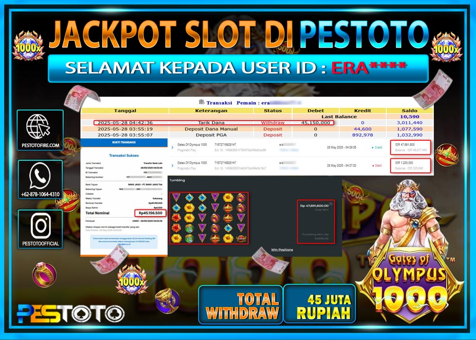 HANYA DI PESTOTO JP PASTI DI BAYAR LUNAS DAN CEPAT!!!!!! JP SLOT GAMES { GATES OF OLYMPUS 1000 } Rp. 45.150.000 !!!