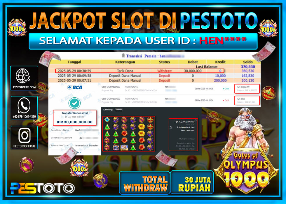 HANYA DI PESTOTO JP PASTI DI BAYAR LUNAS DAN CEPAT!!!!!! JP SLOT GAMES { GATES OF OLYMPUS 1000 } Rp. 30.000.000 !!!