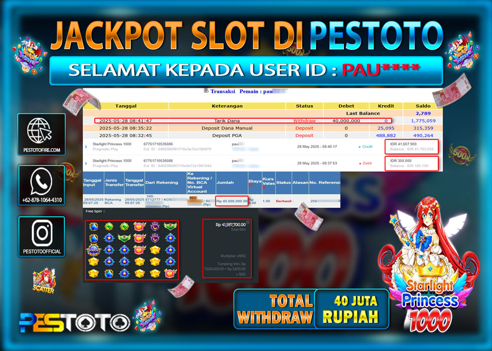 HANYA DI PESTOTO JP PASTI DI BAYAR LUNAS DAN CEPAT!!!!!! JP SLOT GAMES { STARLIGHT PRINCESS 1000 } Rp. 40.000.000 !!!