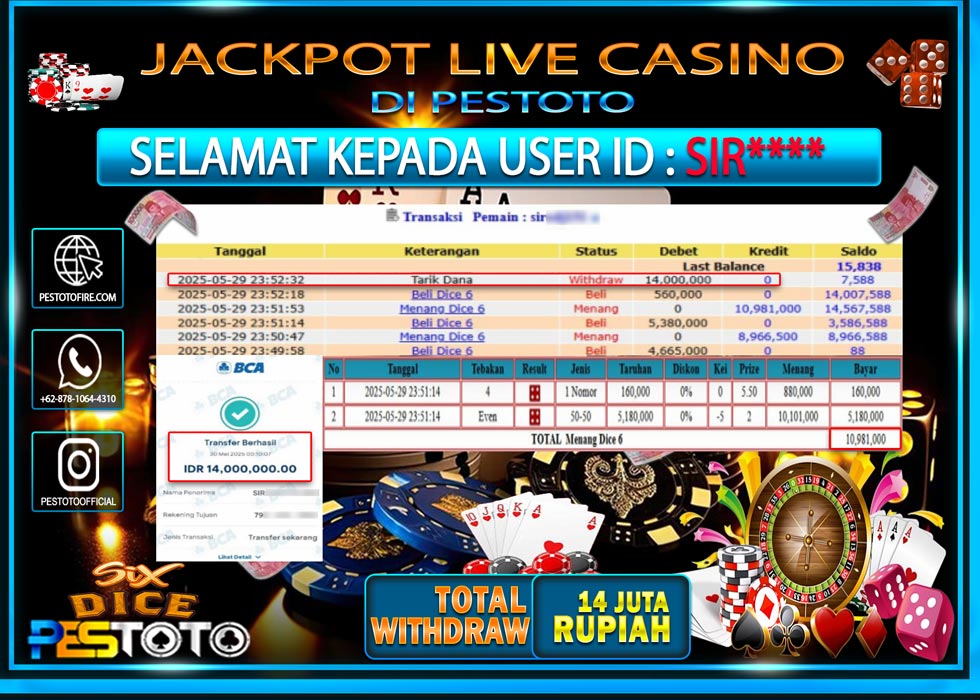 HANYA DI PESTOTO JP PASTI DI BAYAR LUNAS DAN CEPAT!!!!!! JP LIVE GAMES { DICE SIX } Rp. 14.000.000!!!!!