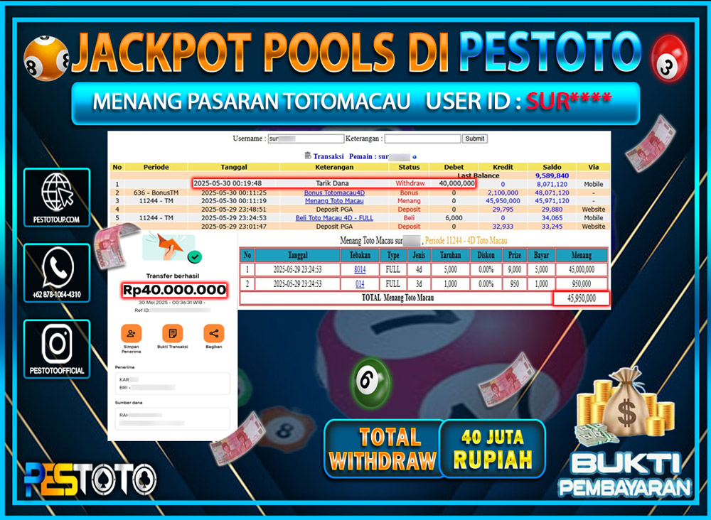 HANYA DI PESTOTO JP PASTI DI BAYAR LUNAS DAN CEPAT!!!!!! JP TOGEL { TOTOMACAU } Rp. 40.000.000!!!!!