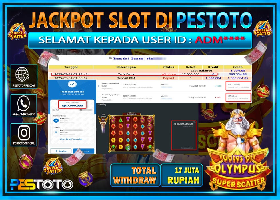 HANYA DI PESTOTO JP PASTI DI BAYAR LUNAS DAN CEPAT!!!!!! JP SLOT GAMES { GATES OF OLYMPUS SUPER SCATTER } Rp. 17.000.000 !!!
