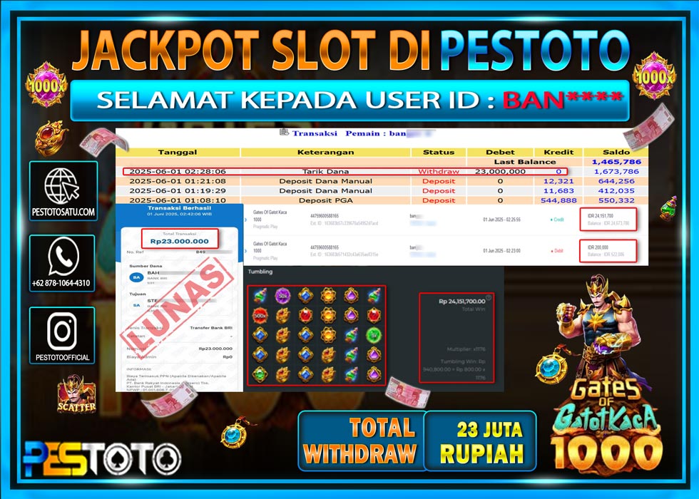 HANYA DI PESTOTO JP PASTI DI BAYAR LUNAS DAN CEPAT!!!!!! JP SLOT GAMES { GATES OF GATOT KACA 1000 } Rp. 23.000.000 !!!
