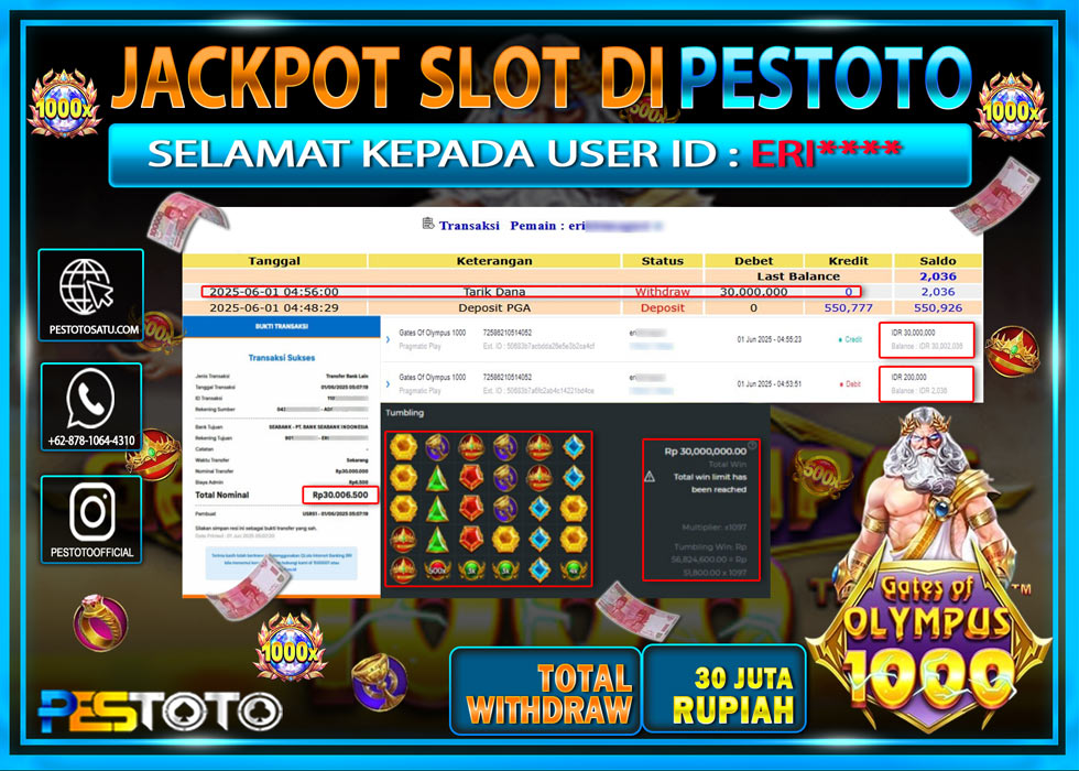 HANYA DI PESTOTO JP PASTI DI BAYAR LUNAS DAN CEPAT!!!!!! JP SLOT GAMES { GATES OF OLYMPUS 1000 } Rp. 30.000.000 !!!