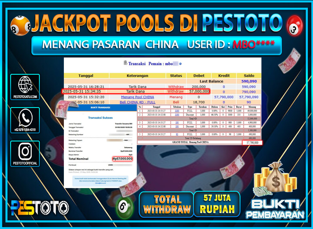 HANYA DI PESTOTO JP PASTI DI BAYAR LUNAS DAN CEPAT!!!!!! JP TOGEL { CHINA } Rp. 57.000.000 !!!