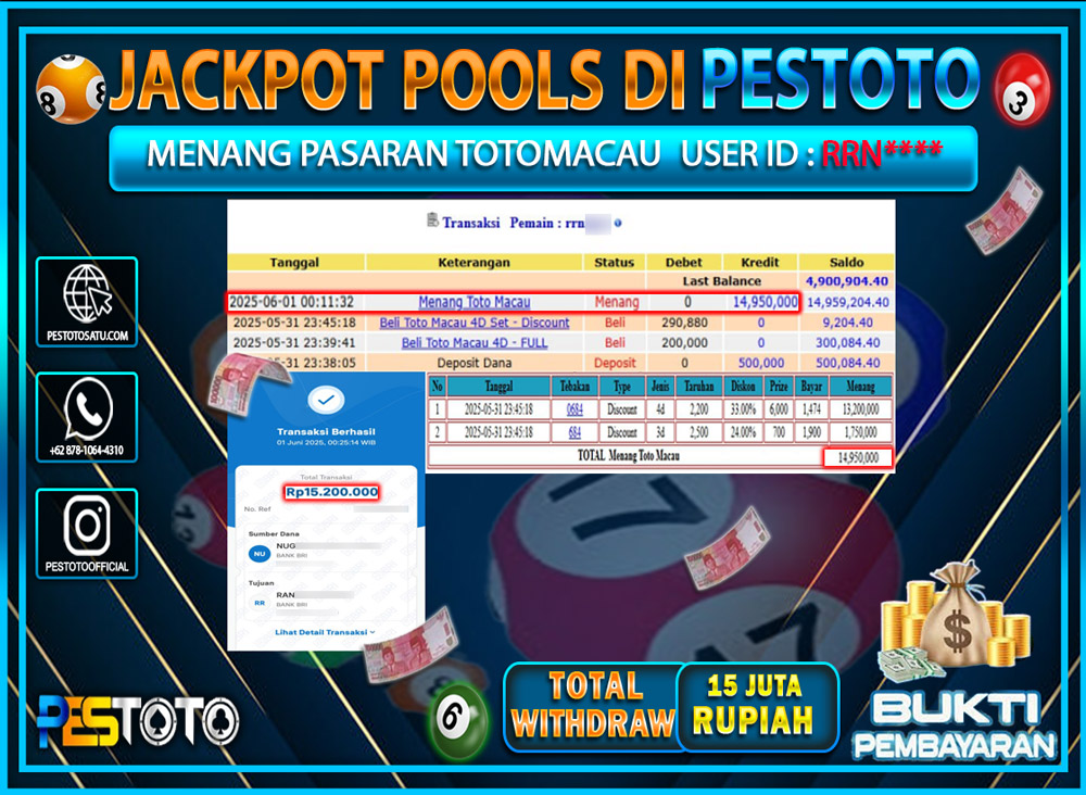 HANYA DI PESTOTO JP PASTI DI BAYAR LUNAS DAN CEPAT!!!!!! JP TOGEL { TOTOMACAU } Rp. 15.000.000 !!!