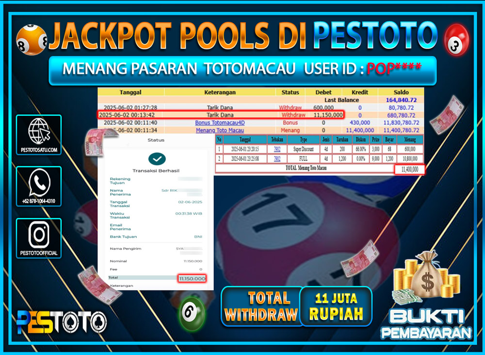 HANYA DI PESTOTO JP PASTI DI BAYAR LUNAS DAN CEPAT!!!!!! JP TOGEL { TOTOMACAU } Rp. 11.000.000 !!!