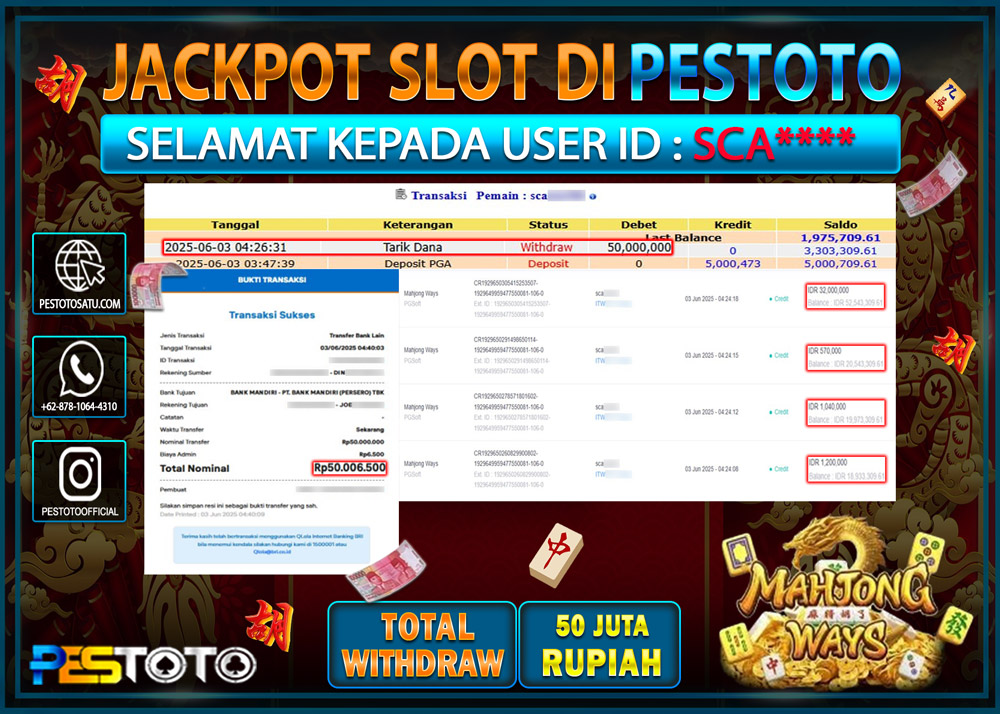 HANYA DI PESTOTO JP PASTI DI BAYAR LUNAS DAN CEPAT!!!!!! JP SLOT GAMES { MAHJONG WAYS } Rp. 50.000.000 !!!