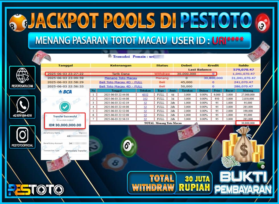 HANYA DI PESTOTO JP PASTI DI BAYAR LUNAS DAN CEPAT!!!!!! JP TOGEL { TOTO MACAU } Rp. 30.000.000 !!!