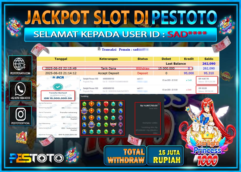 HANYA DI PESTOTO JP PASTI DI BAYAR LUNAS DAN CEPAT!!!!!! JP SLOT GAMES { STARLIGHT PRINCESS 1000 } Rp. 15.000.000 !!!