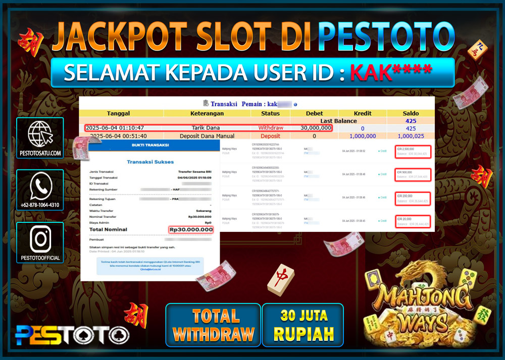 HANYA DI PESTOTO JP PASTI DI BAYAR LUNAS DAN CEPAT!!!!!! JP SLOT GAMES { MAHJONG WAYS } Rp. 30.000.000 !!!