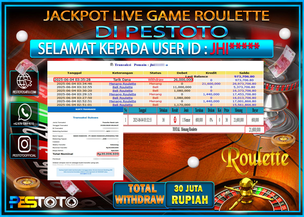 HANYA DI PESTOTO JP PASTI DI BAYAR LUNAS DAN CEPAT!!!!!! JP LIVEGAMES { ROULETTE } Rp. 30.000.000 !!!