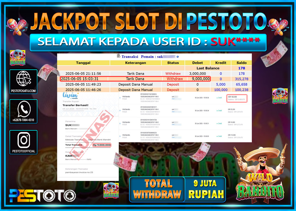 HANYA DI PESTOTO JP PASTI DI BAYAR LUNAS DAN CEPAT!!!!!! JP SLOT GAMES { WILD BANDITO } Rp. 9.000.000 !!!