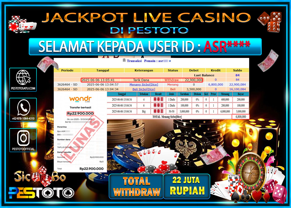 HANYA DI PESTOTO JP PASTI DI BAYAR LUNAS DAN CEPAT!!!!!! JP LIVEGAMES { SICBO DICE } Rp. 22.000.000 !!!