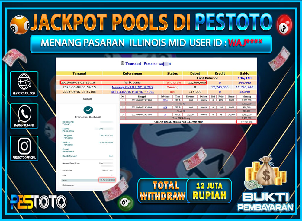 HANYA DI PESTOTO JP PASTI DI BAYAR LUNAS DAN CEPAT!!!!!! JP TOGEL { ILLINOIS MID } Rp. 12.000.000 !!!