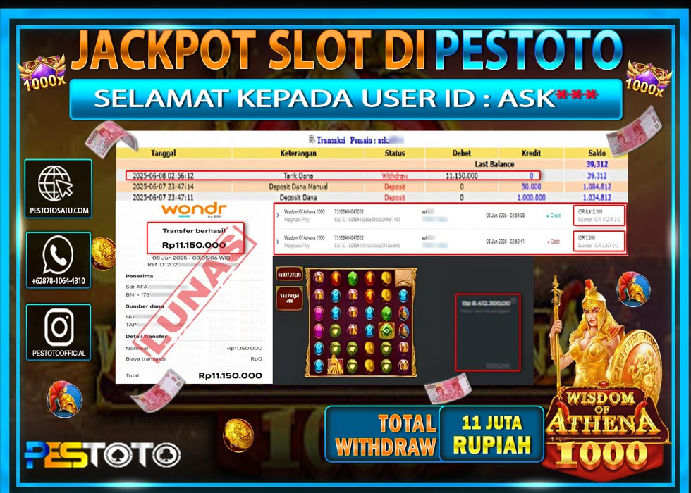 HANYA DI PESTOTO JP PASTI DI BAYAR LUNAS DAN CEPAT!!!!!! JP SLOT GAMES { WISDOM OF ATHENA 1000 } Rp. 11.150.000 !!!