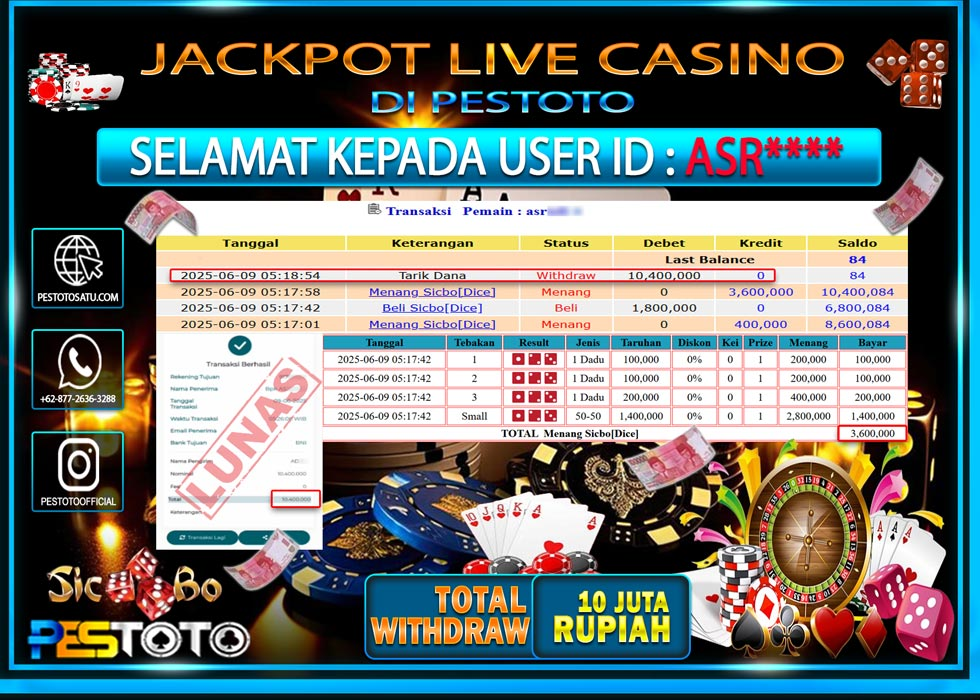 HANYA DI PESTOTO JP PASTI DI BAYAR LUNAS DAN CEPAT!!!!!! JP LIVEGAMES { SICBO DICE } Rp. 10.400.000 !!!