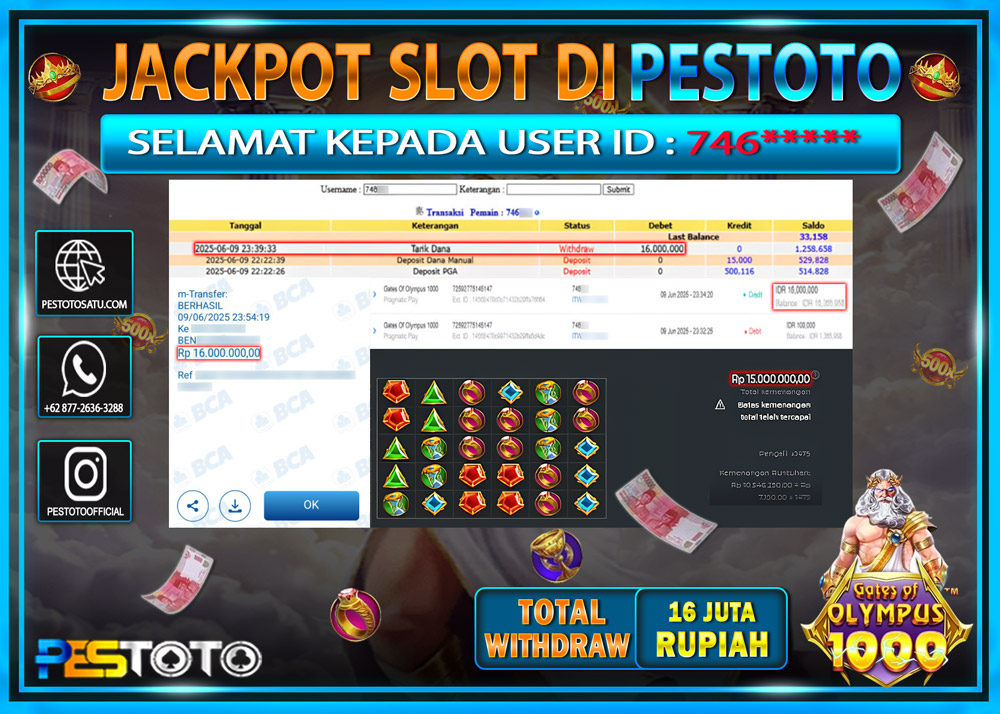HANYA DI PESTOTO JP PASTI DI BAYAR LUNAS DAN CEPAT!!!!!! JP SLOT GAMES { GATES OF OLYMPUS 1000 } Rp. 16.000.000 !!!
