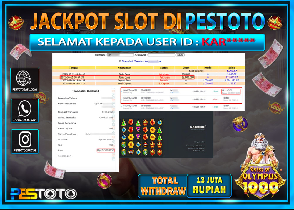 HANYA DI PESTOTO JP PASTI DI BAYAR LUNAS DAN CEPAT!!!!!! JP SLOT GAMES { GATES OF OLYMPUS 1000 } Rp. 13.000.000 !!!