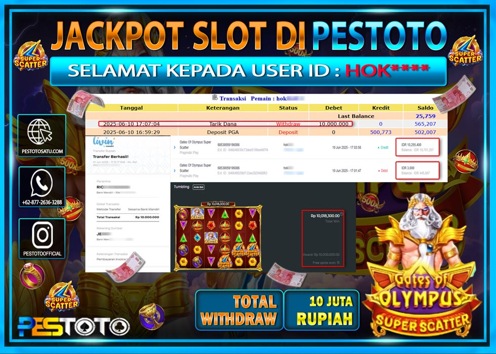 HANYA DI PESTOTO JP PASTI DI BAYAR LUNAS DAN CEPAT!!!!!! JP SLOT GAMES { GATES OF OLYMPUS SUPER SCATTER } Rp. 10.000.000 !!!