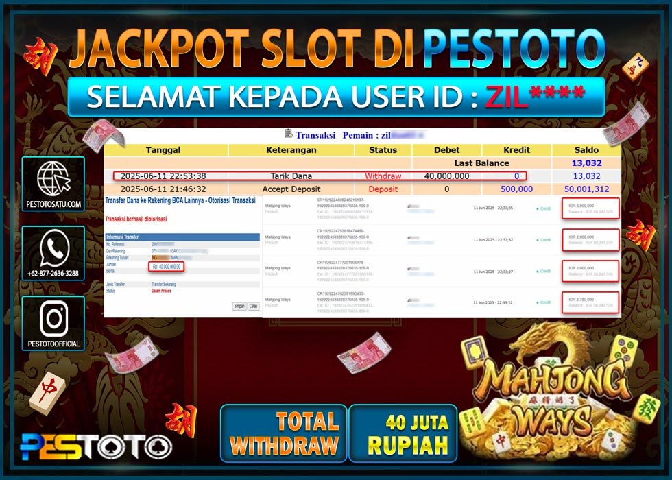 HANYA DI PESTOTO JP PASTI DI BAYAR LUNAS DAN CEPAT!!!!!! JP SLOT GAMES { MAHJONG WAYS } Rp. 40.000.000 !!!