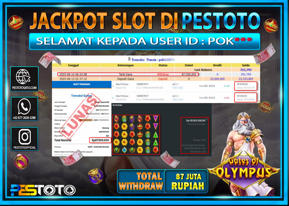 HANYA DI PESTOTO JP PASTI DI BAYAR LUNAS DAN CEPAT!!!!!! JP SLOT GAMES { GATES OF OLYMPUS } Rp. 87.500.000 !!!