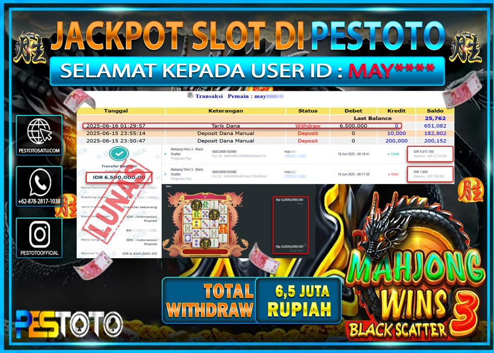 HANYA DI PESTOTO JP PASTI DI BAYAR LUNAS DAN CEPAT!!!!!! JP SLOT GAMES { MAHJONG WINS BLACK SCATTER 3 } Rp. 6.500.000 !!!