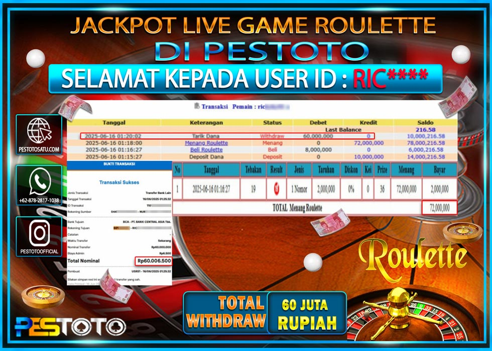HANYA DI PESTOTO JP PASTI DI BAYAR LUNAS DAN CEPAT!!!!!! JP LIVE GAMES { ROULETTE } Rp. 60.000.000 !!!