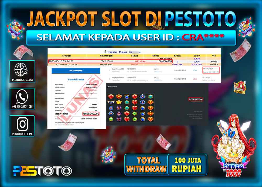 HANYA DI PESTOTO JP PASTI DI BAYAR LUNAS DAN CEPAT!!!!!! JP SLOT GAMES { STARLIGHT PRINCESS 1000 } Rp. 100.000.000 !!!